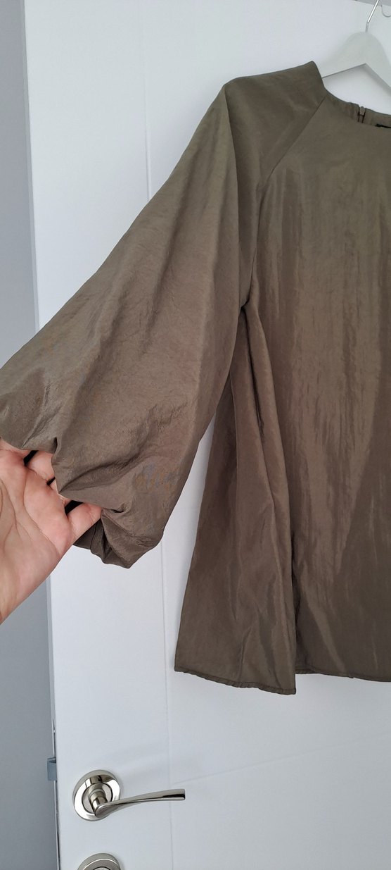 Haki Keten Kadın Tunik, Uzun Kollu, Salaş Kesim - Görsel 5