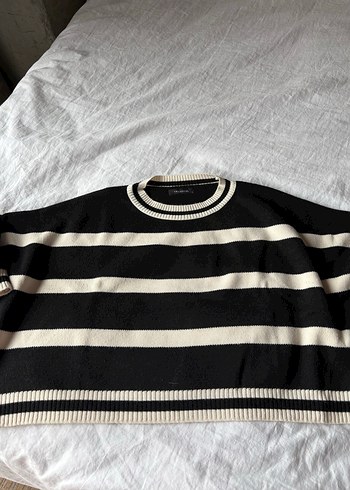 Siyah Beyaz Çizgili Salaş Kadın Kazak - Görsel 2