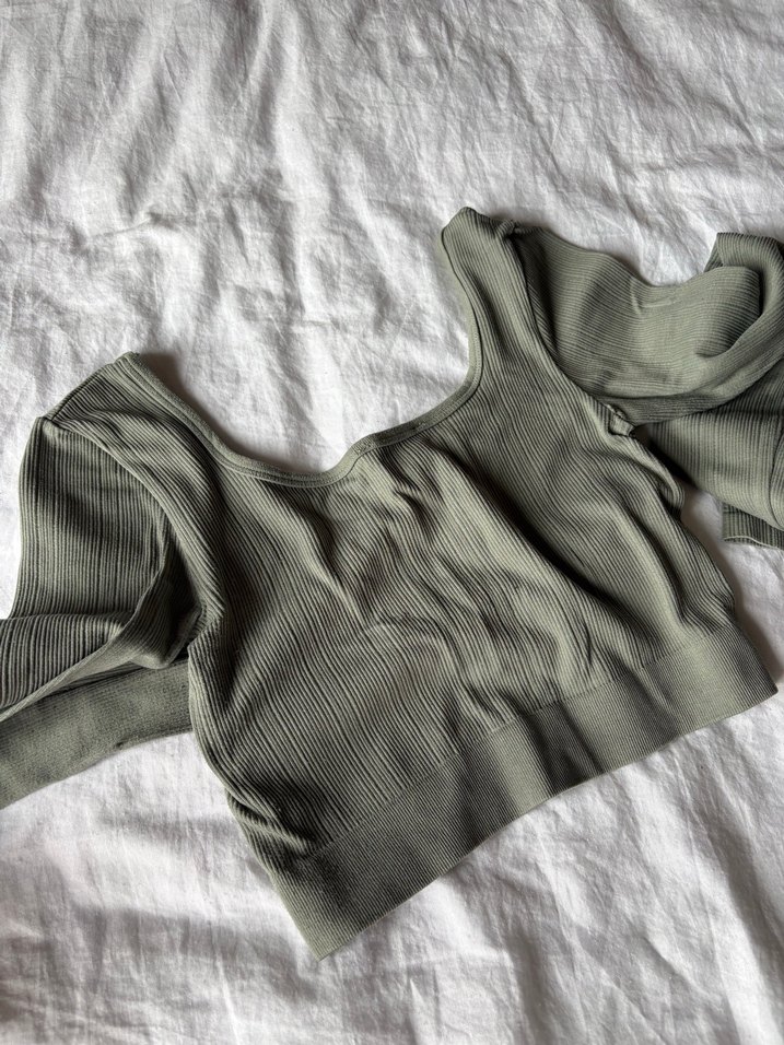 Kadın Haki Uzun Kollu Crop Top - Görsel 3