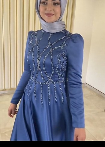 İşlemeli Mavi Uzun Kollu Abiye Elbise - Görsel 5