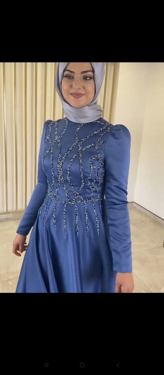 İşlemeli Mavi Uzun Kollu Abiye Elbise - Görsel 5