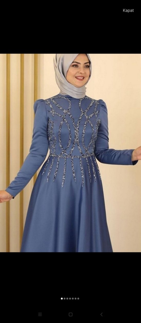 İşlemeli Mavi Uzun Kollu Abiye Elbise - Görsel 2
