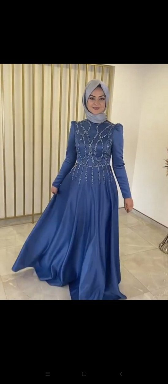 İşlemeli Mavi Uzun Kollu Abiye Elbise - Görsel 3