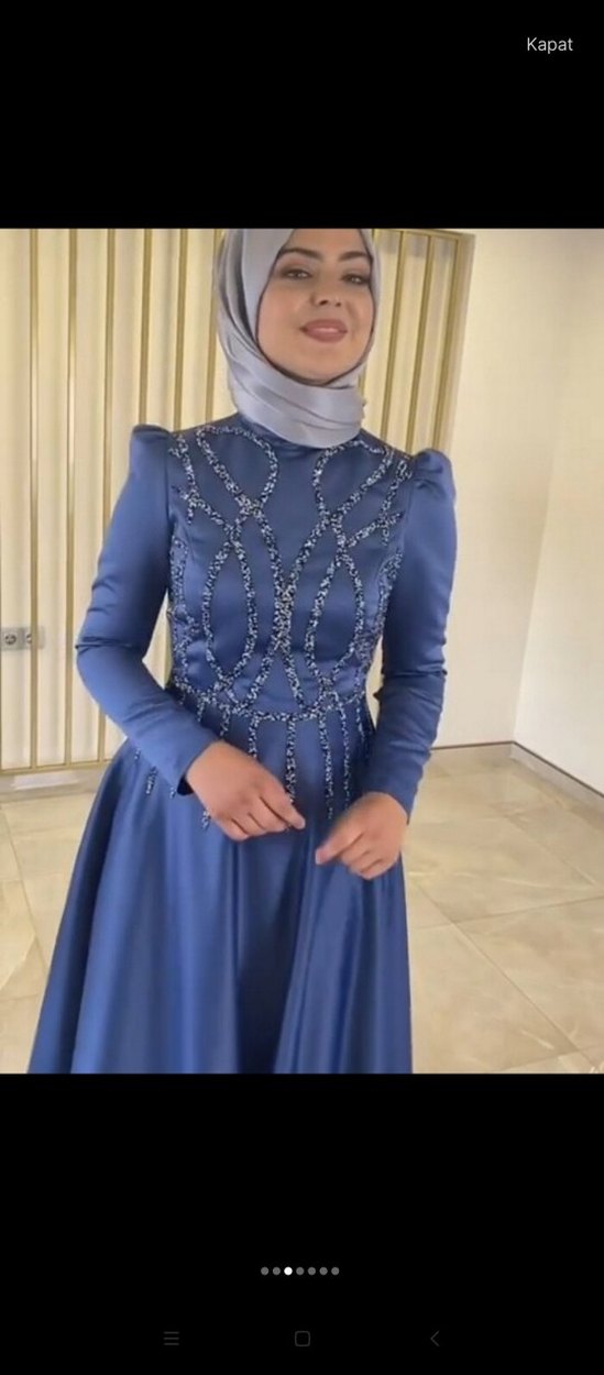 İşlemeli Mavi Uzun Kollu Abiye Elbise - Görsel 4