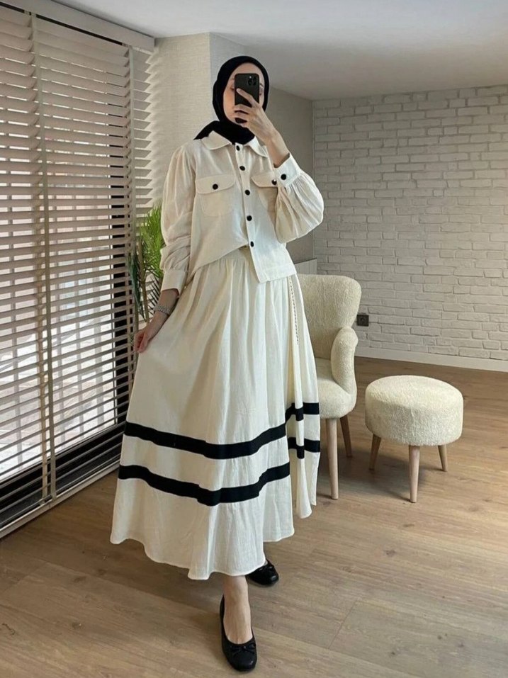 Düğmeli Uzun Beyaz Pamuklu keten elbise - Görsel 2