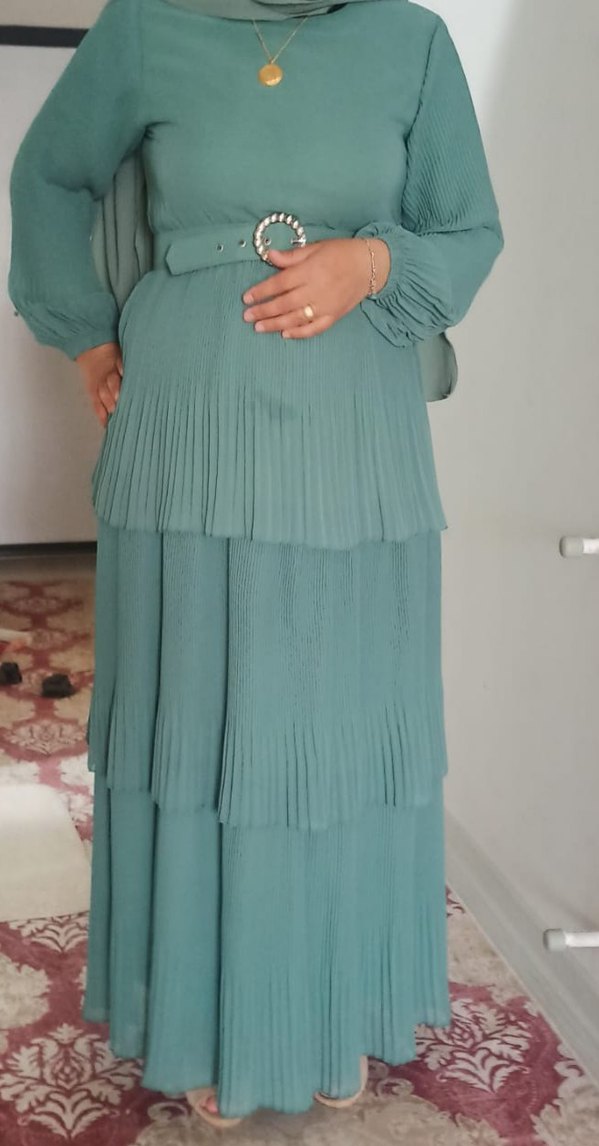 Turkuaz Pilili Uzun Bohem Elbise - Görsel 5