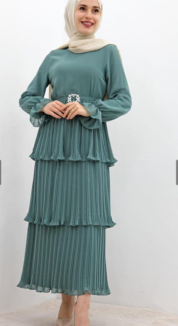 Turkuaz Pilili Uzun Bohem Elbise - Görsel 3