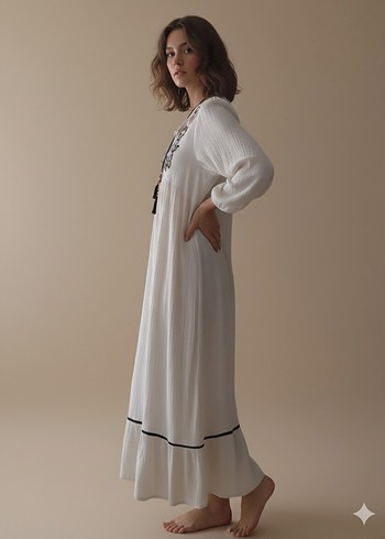 Püsküllü Nakışlı Beyaz Bohem Uzun Elbise - Görsel 2