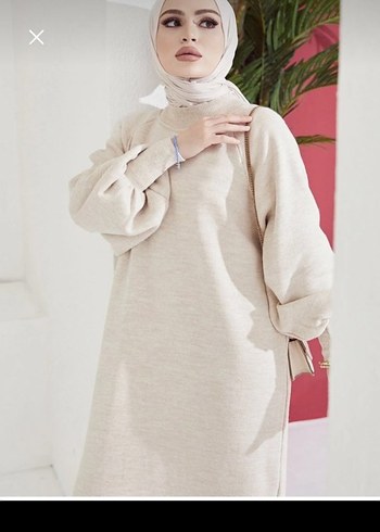 Bej Uzun Kollu Yüksek Yakalı Salaş Elbise - Görsel 4