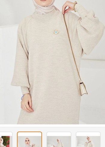 Bej Uzun Kollu Yüksek Yakalı Salaş Elbise - Görsel 3