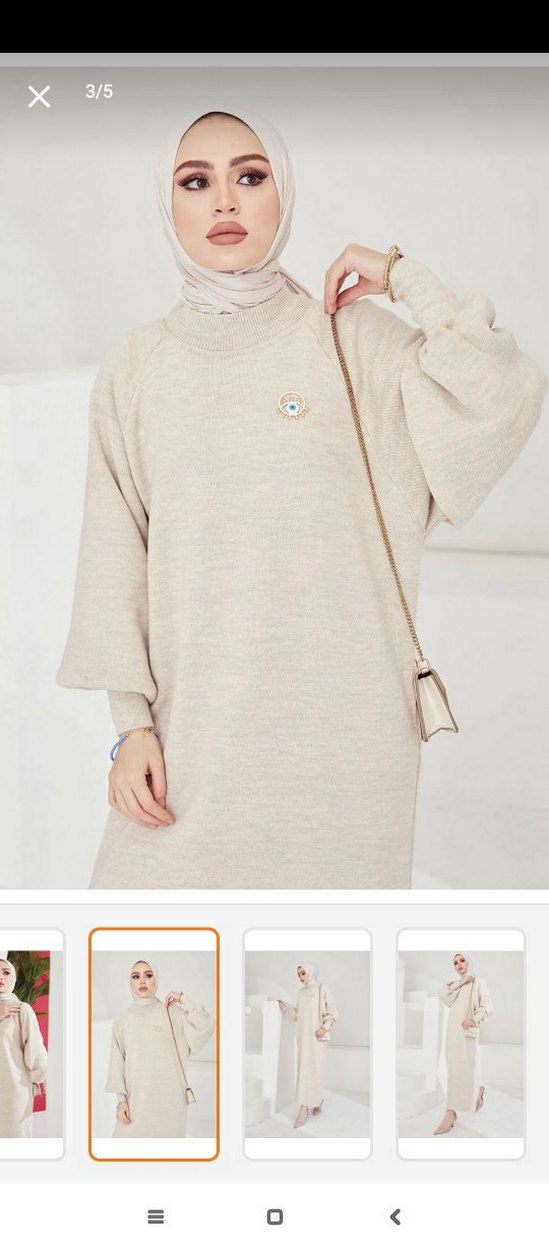 Bej Uzun Kollu Yüksek Yakalı Salaş Elbise - Görsel 3