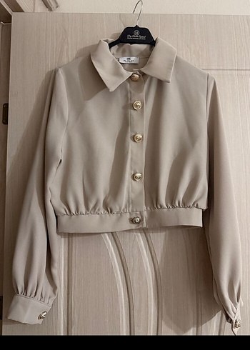 Bej Mini Kadın Takım Elbise, Düğmeli, Uzun Kollu - Görsel 3