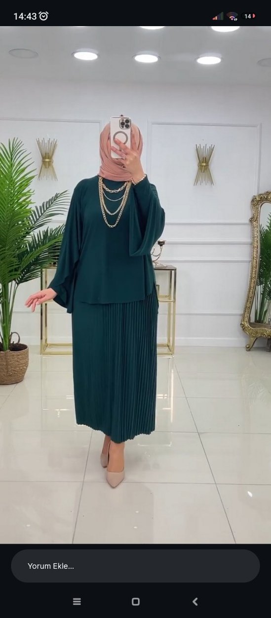 Kadın Yeşil Piliseli Uzun Elbise - Görsel 3