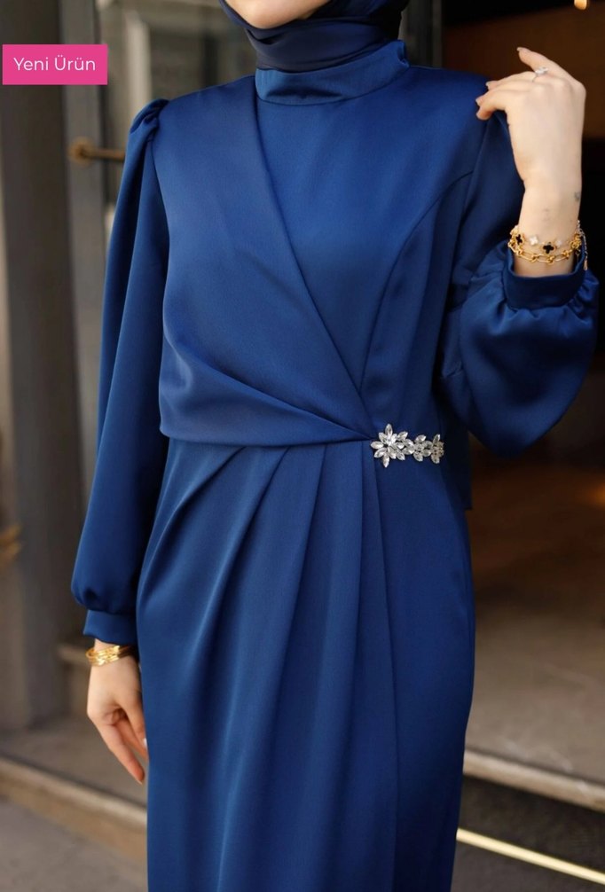 Mavi Drapeli Uzun Kadın Abiye Elbise - Görsel 2