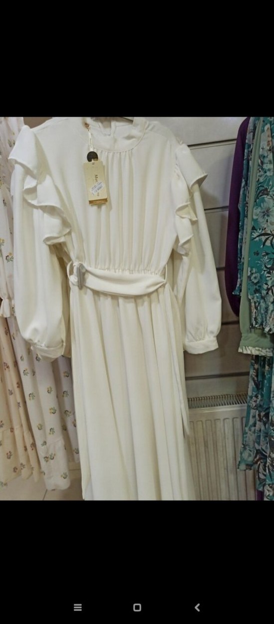 Beyaz Uzun Fırfırlı Kadın Elbise - Görsel 2