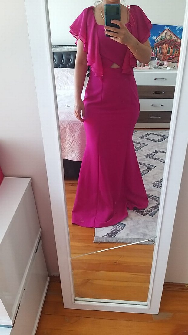 Mor V Yakalı Uzun Kollu Kadın Abiye Elbise - Görsel 2