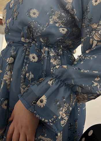 Mavi Çiçek Desenli Bohem Uzun Elbise - Görsel 2