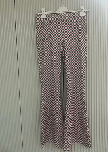 Kadın pembe yeşil Kareli İspanyol Paça Pantolon