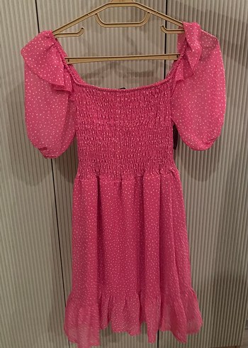 Pembe Mini Elbise Fırfırlı ve Straplez