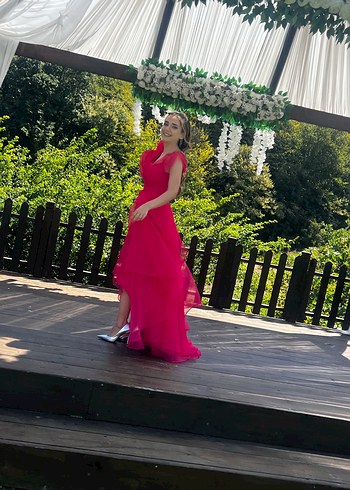 Pembe Drapeli Uzun Straplez Kadın Abiye - Görsel 4