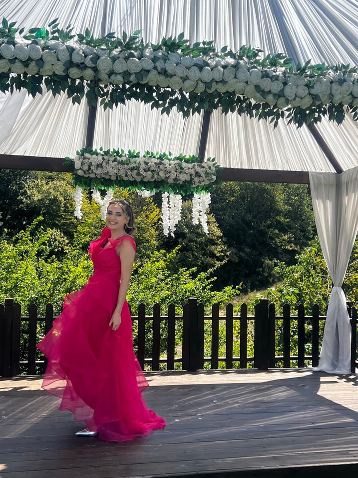 Pembe Drapeli Uzun Straplez Kadın Abiye - Görsel 2