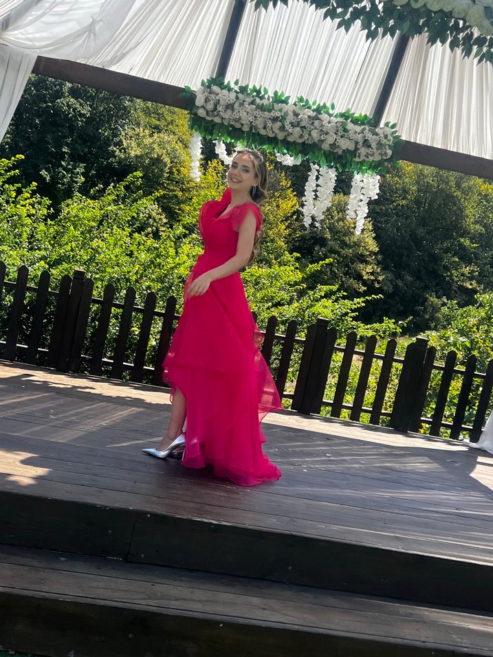 Pembe Drapeli Uzun Straplez Kadın Abiye - Görsel 4