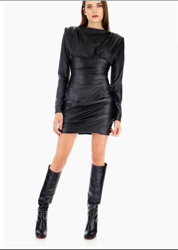 Siyah deri mini elbise - Görsel 2