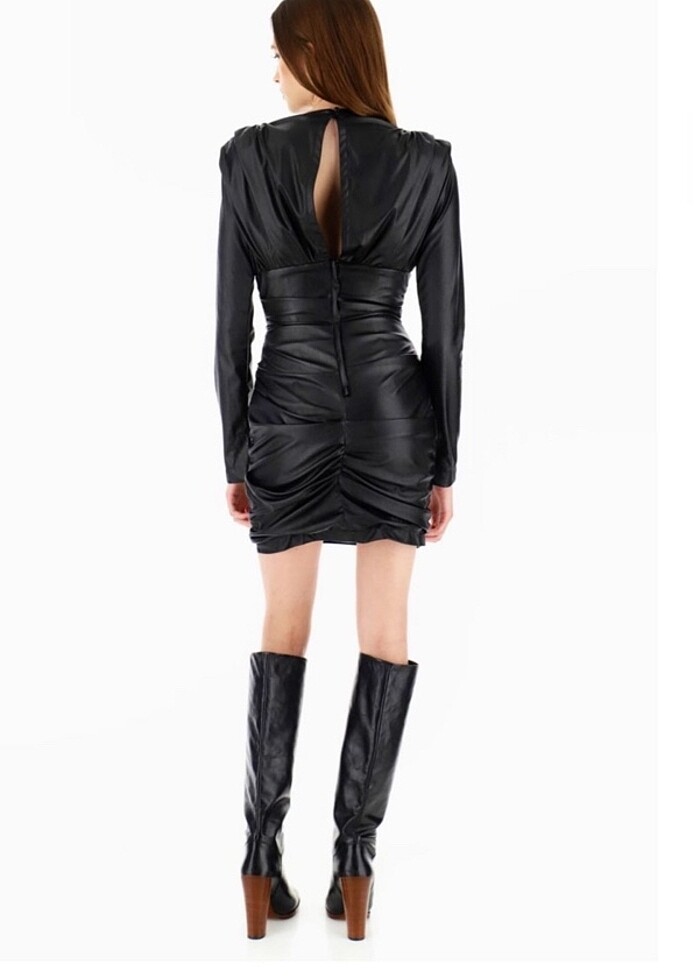 Siyah deri mini elbise - Görsel 3