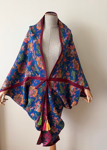 Diğer Bohem Cicekli Mavi Kimono Kaftan