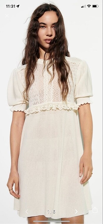 Zara kontranst ajurlu dantel tasarımlı elbiseoı renk ekru s bede