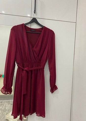 Bordo Midi V Yaka Uzun Kollu Elbise - Görsel 4