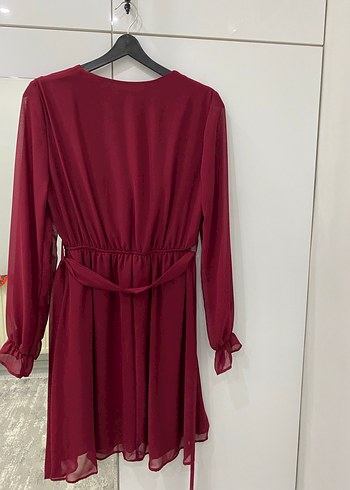 Bordo Midi V Yaka Uzun Kollu Elbise - Görsel 3