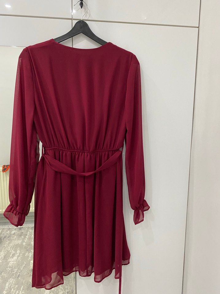 Bordo Midi V Yaka Uzun Kollu Elbise - Görsel 3