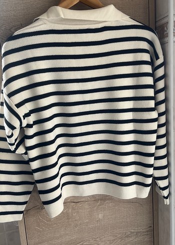 Çizgili, V Yaka, Pamuklu Kadın Kazak - Görsel 2