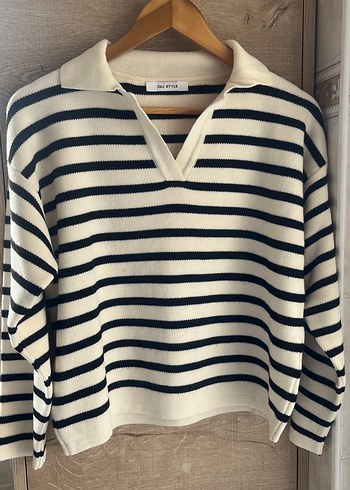 Çizgili, V Yaka, Pamuklu Kadın Kazak - Görsel 3