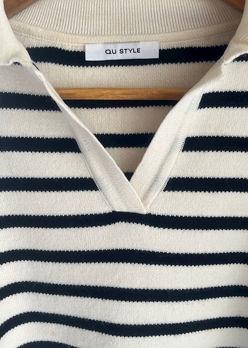 Çizgili, V Yaka, Pamuklu Kadın Kazak - Görsel 4