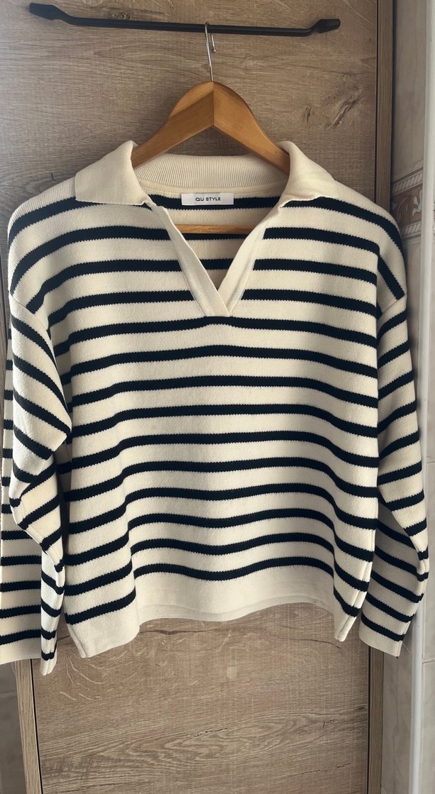 Çizgili, V Yaka, Pamuklu Kadın Kazak - Görsel 3