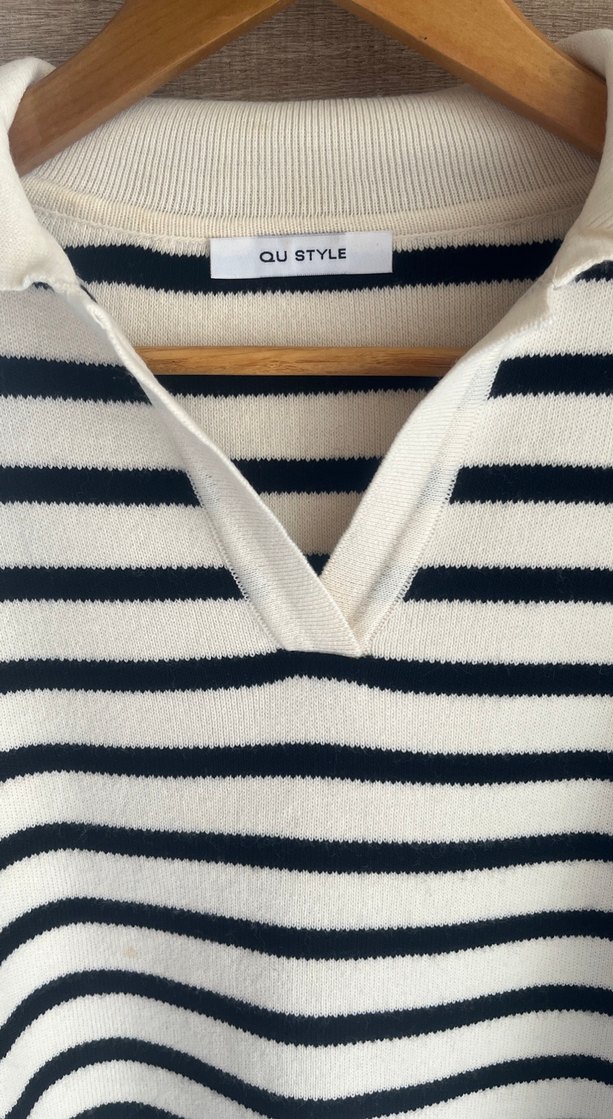 Çizgili, V Yaka, Pamuklu Kadın Kazak - Görsel 4