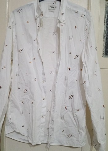 Nakışlı Beyaz Pamuklu Erkek Gömlek - Görsel 2