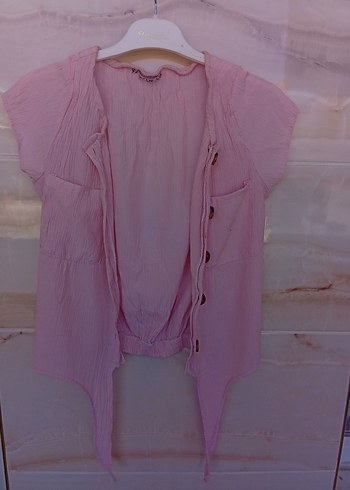 Kız Çocuk Pembe Keten Düğmeli Bluz