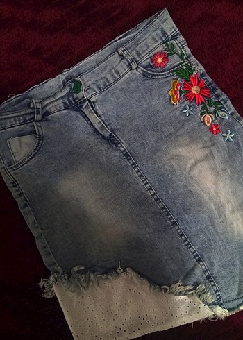 Nakışlı Mavi Denim Midi Etek - Görsel 2