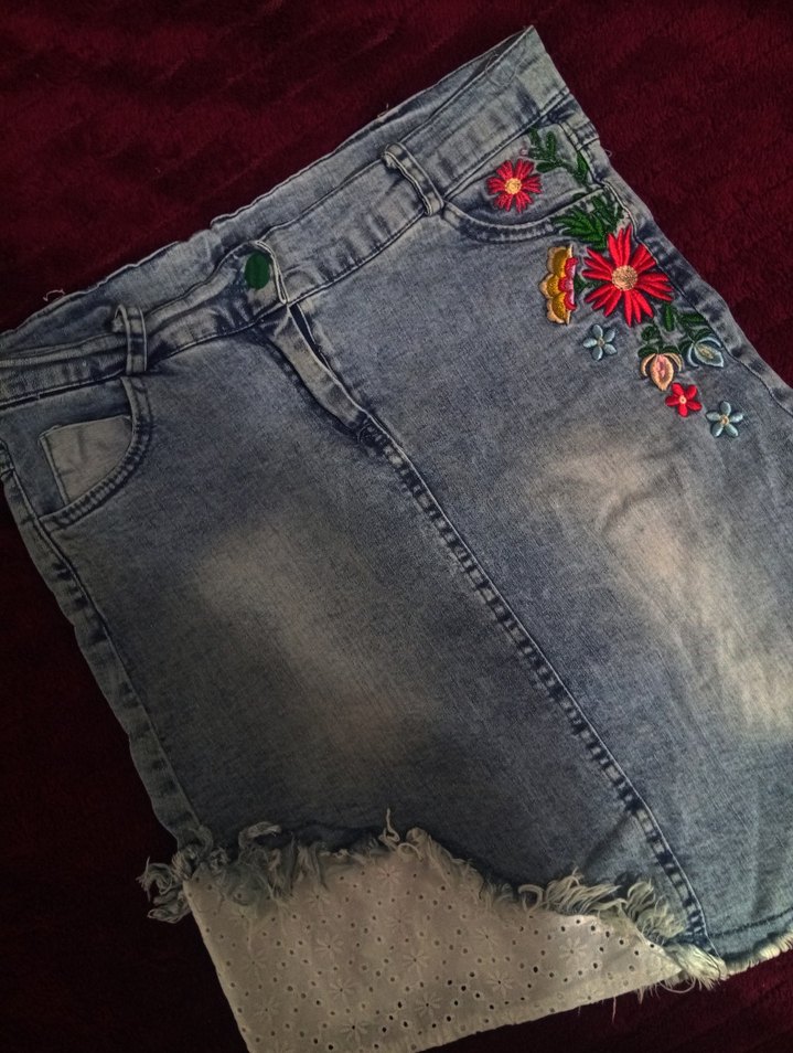 Nakışlı Mavi Denim Midi Etek - Görsel 2