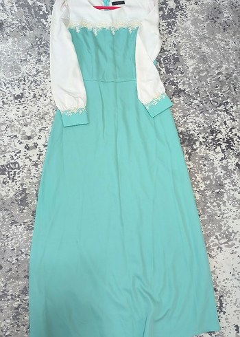 Dantel Detaylı Turkuaz Uzun Kollu Elbise - Görsel 2