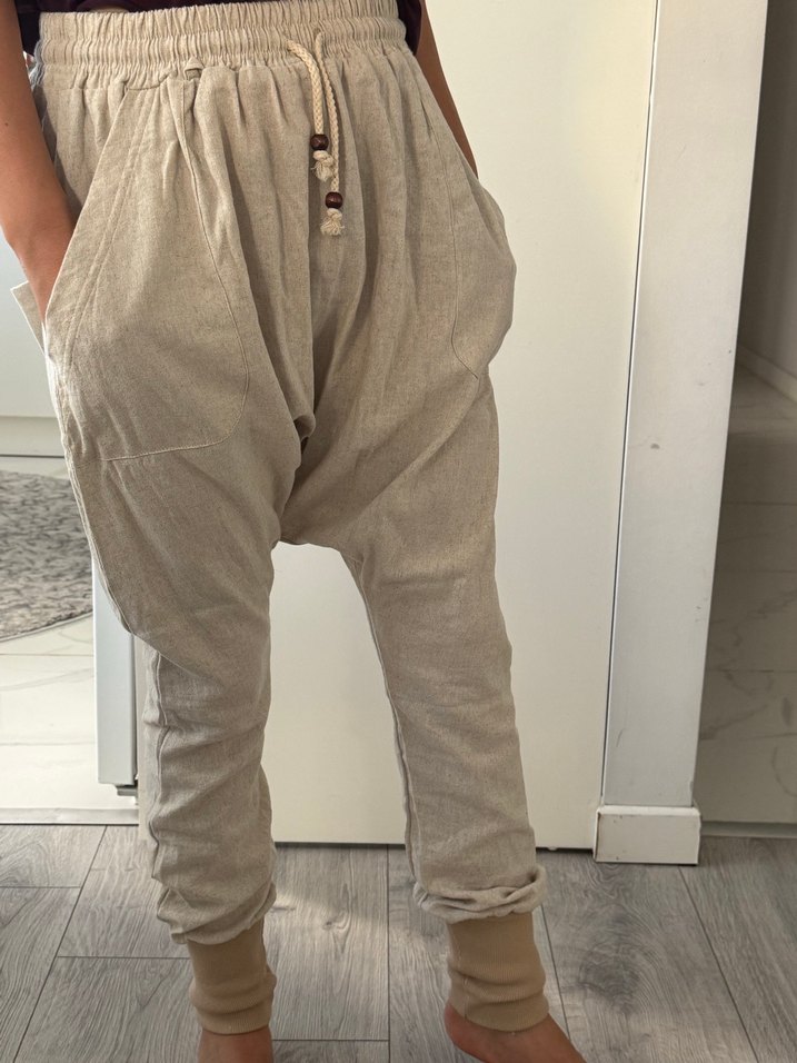 Bej Bol Kesim Keten Kadın Pantolon - Görsel 4