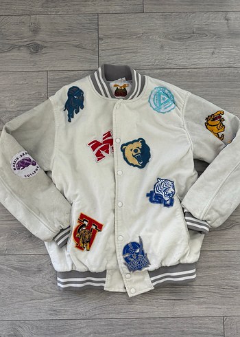 Vintage Tarz Düğmeli Baskılı Gri Bomber Ceket.Unisex