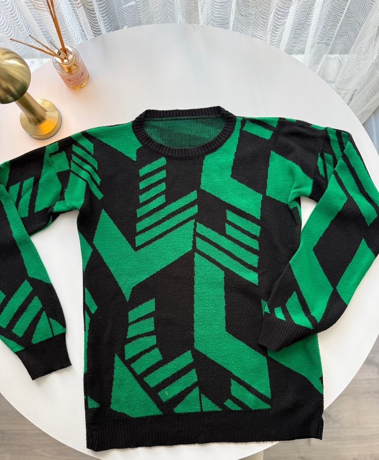 Siyah-Yeşil zigzag çizgili kazak. - Görsel 2