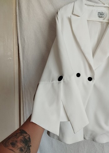 Trendyol & Milla Beyaz Düğmeli Kadın Keten Blazer Ceket pantolon takım