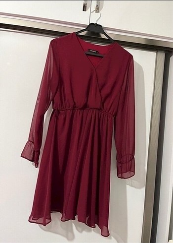 Bordo Midi V Yaka Uzun Kollu Elbise