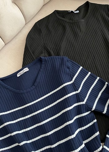 Çizgili Mavi ve Siyah Kadın Triko body bluz kazak - Görsel 2