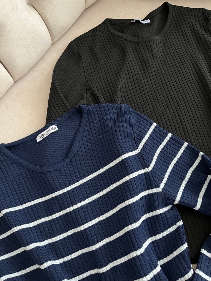 Çizgili Mavi ve Siyah Kadın Triko body bluz kazak - Görsel 2